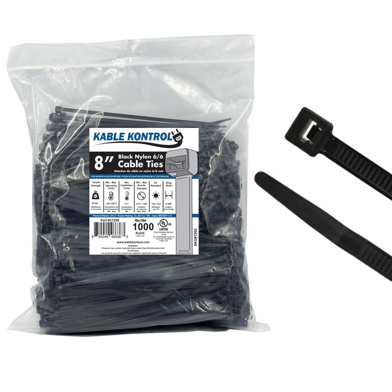 Kable Kontrol Cable Zip Ties 1000 Pcs 8 Inch Black, 50 Lbs Tensile Strength, Self-locking UV Resistant Plastic Nylon Wire Ties, for Indoor or Outdoor Use - Image 1